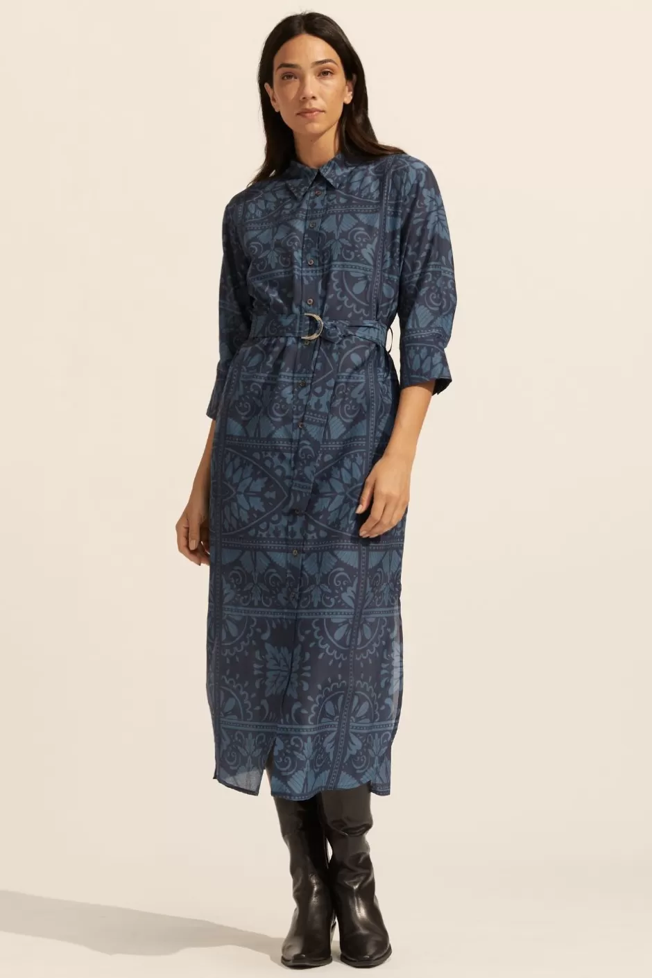 New Pinpoint Dress-Indigo Mosaic Women Dresses