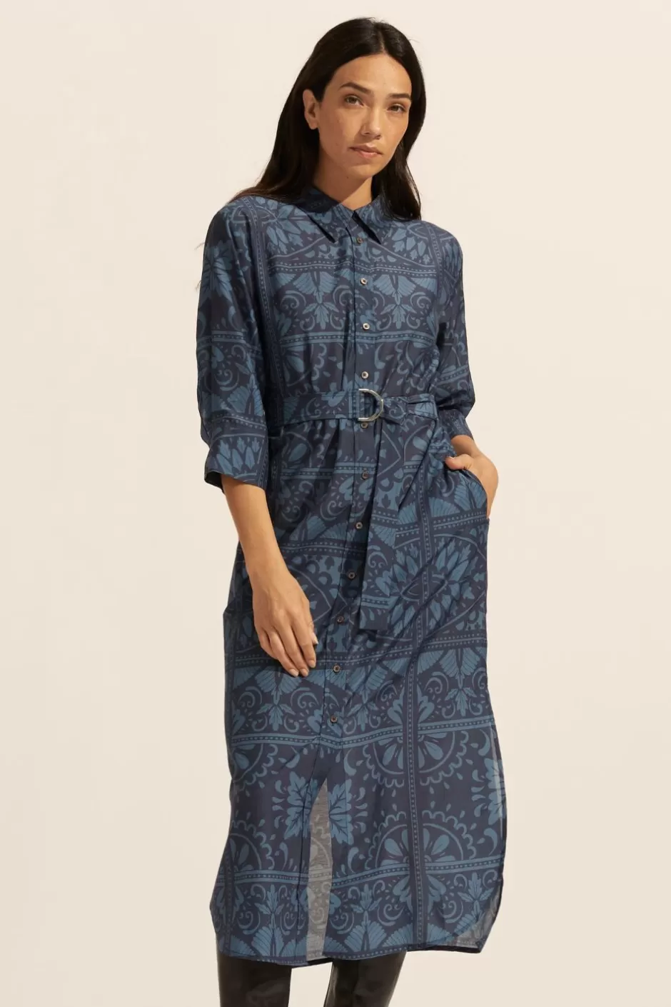 New Pinpoint Dress-Indigo Mosaic Women Dresses